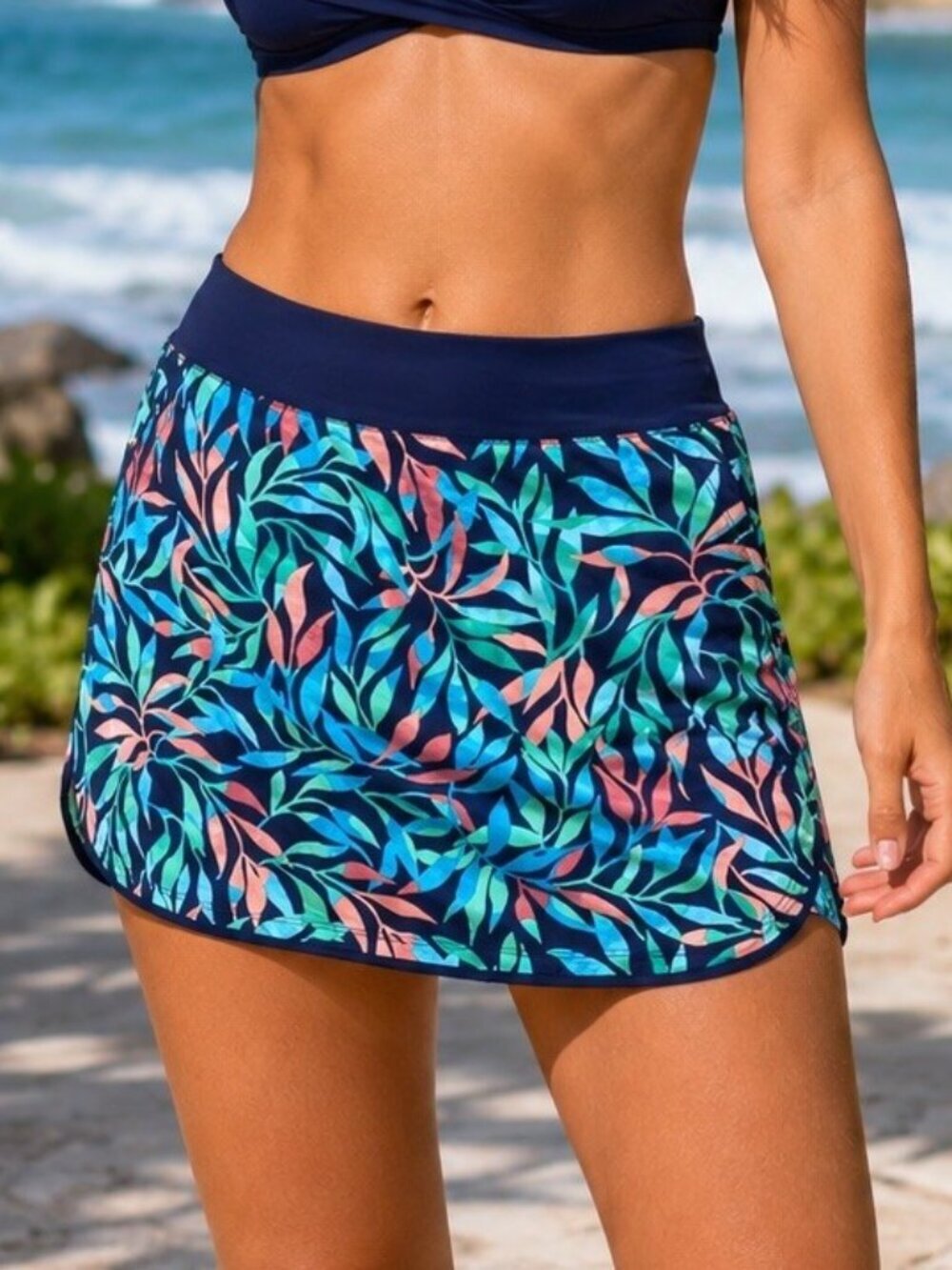 Lands' End Women's Size 2 Quick Dry Active Board Skort Swim Skirt Navy Leaves